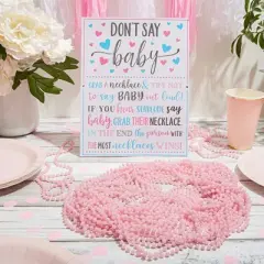Sparkle and Bash Don't Say Baby Easel Sign, Baby Shower Games for Gender Reveal Favors, Decorations, 1 Sign and 36 Pink Beaded Necklaces