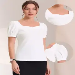 Allegra K Women's Puff Short Sleeve Sweetheart Neck Elegant Blouse