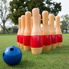 Toy Time 10-Pin Lawn Bowling Game/Skittle Ball Set With Mesh Bag - Red