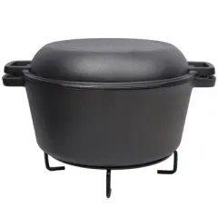 DSVIMOY 2-In-1 Dutch Oven With Dual Handles, 5 Quart Outdoor Camping Deep Pot With Pot Rack for Camping Fireplace Cooking, Black, 12.5"*10.2"*6.2"