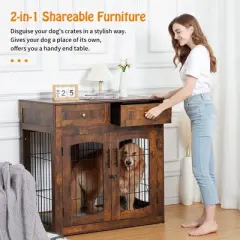 Dog Crate Furniture with 3 Doors,39.4" Large Dog Crate with 2 Drawer & Cushion,Wooden Dog House Kennel for Medium/Large Dog
