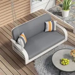 CAVINAS Swing Chair Outdoor, PE Wicker Porch Swing, 2-Seater Hanging Bench With Chains, Patio Furniture Swing, Grey+White
