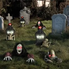 Yescom 15" Animated Halloween Tombstone & Half Skeleton with 6" Zombie Groundbreaker Black