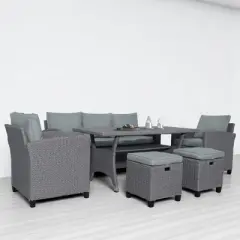 Mshliw 6-Piece Outdoor Rattan Wicker Patio Set - Sofa, Chairs, Stools, and Table, Weather-Resistant, Cushions Included