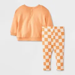 Baby 2pc Teddy Bear Halloween Pumpkin Pullover & Checkered Bottom Set - Orange