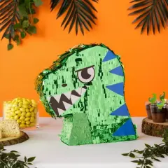 Blue Panda Dinosaur Pinata for Boys Birthday T-Rex Themed Party Supplies, Green Foil Dino Decorations (Small, 11.7 x 3.0 x 15.7 In)