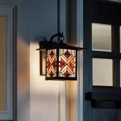 11.75" Stained Glass 1-Light Tiffany Style Bronze Outdoor Lantern Wall Sconce - River of Goods