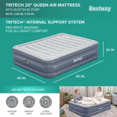 Bestway Tritech Airbed, Queen-Sized 20" Thick Durable Comfortable Mattress Pad for Portable Relaxation with Built-In AC Pump and Storage Bag, 2 Pack
