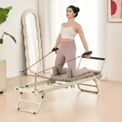 VEVOR Foldable Pilates Reformer, Pilates Workout Machine for Home Gym Studio, Pilates Bed with Dual Resistance- Spring & Cord, Up to 400 LBS, Grey