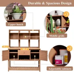 50&rdquo;W Garden Potting Bench Table, Outdoor Patio Workstation with Hutch, Drawer and Adjustable Shelves, Fir Wood Frame, Brown/White/Natural-ModernLuxe