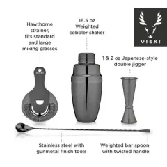 Viski Gunmetal Black Bartender Kit 4pc Set | Drink Mixers for Cocktails Gift Essentials: Cobbler Shaker, Hawthorne Strainer, Barspoon, Gray