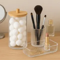 Nonslip Cotton Ball Holder with Bamboo Lid, Clear Eco-Friendly Makeup & Cotton Storage Organizer for Vanity & Bathroom Countertop