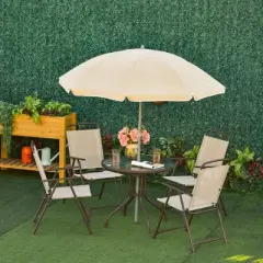 Outsunny 6 Piece Patio Dining Set for 4 with Umbrella, 4 Folding Dining Chairs & Round Glass Table for Garden, Backyard and Poolside