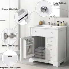 Mshliw 30" Bathroom Vanity with Ceramic Sink, Cabinet with Door & Two Drawers, Solid Wood & MDF Construction
