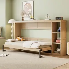 Twin/Full Size Murphy Bed Multifunctional Foldable Platform Bedframe with Bookshelf, Natural/White-ModernLuxe