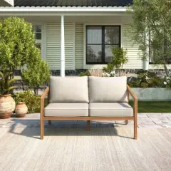 Acacia Wood Outdoor Loveseat,Patio Open Side Loveseat Sofa with Cushions,Modern Teak Wood Armrest Loveseat for Backyard-Cuddlewood