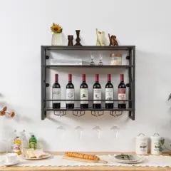 MOEPISY 3 Tiers Industrial Wall Mounted Wine Rack with Glass Holder and Metal Frame