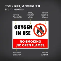 Avery Oxygen in Use No Smoking Sign Label Stickers, Waterproof, UV Resistant, Preprinted, 8.5" x 11", 5 Stickers