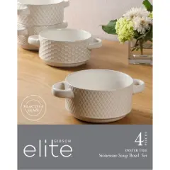 Gibson Elite Oyster Tide Embossed 6 Inch Soup Bowls with Handles. Reactive Glaze Stackable Ceramic Bowl, Set of 4, White
