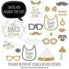 Big Dot of Happiness It's Twins - Gold Twins Baby Shower Photo Booth Props Kit - 20 Count