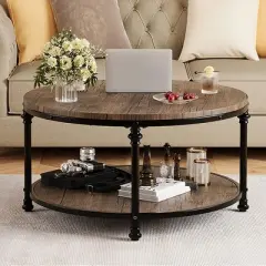 Round Coffee Table Rustic Center Table with Storage Shelf Wood Circle Coffee Table with Sturdy Metal Legs Living Room
