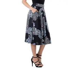 24seven Comfort Apparel Womens Black Paisley A Line Midi Skirt with Pockets