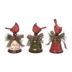 Transpac Resin Cardinal and Bell Figurine Set of 3 Colorful Decorative Bird Figurines for Christmas Tabletop Decor