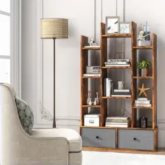 Costway Industrial Bookshelf Rustic Wooden Shelf Organizer with 2 Non-woven Fabric Drawer