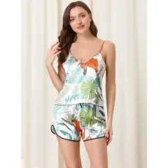 cheibear Womens Silk Pajamas Set Sleepwear Nightwear Cami Tops with Shorts Loungewear Floral