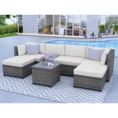 7pc Outdoor Wicker Seating Set with Cushions - Beige - GODEER