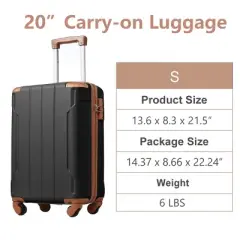 Syemin Luggage Hardshell Luggage Lightweight Durable ABS Suitcases with Double Wheels Expandable 20" Checked Travel Luggage, Brown, 13.6"*8.3"*21.5"