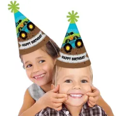 Big Dot of Happiness Smash and Crash - Monster Truck - Cone Happy Birthday Party Hats for Kids and Adults - Set of 8 (Standard Size)