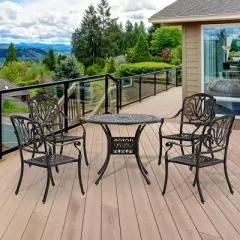 Outsunny Outdoor Furniture Cast Aluminum Dining Set for 4, Round Patio Table and Chairs w/ Umbrella Hole, Stackable Design, Adjustable Feet, Bronze