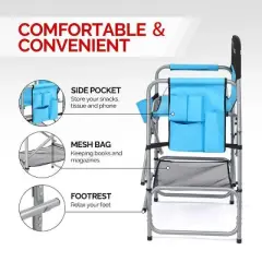 Karl Home 25in Portable Folding Director Chair with Retractable Side Tables and Side Bags Blue