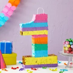 Blue Panda Rainbow Number 1 Pinata for 1st Birthday Party Supplies, Fiesta , Cinco de Mayo Celebration (Small, 16.5 x 11 x 3 In)