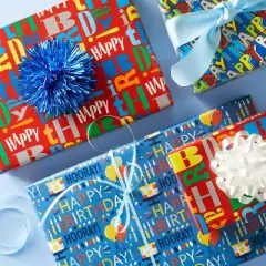 "Happy Birthday" Script and Balloons Gift Wrapping Paper Blue - Spritz&trade;