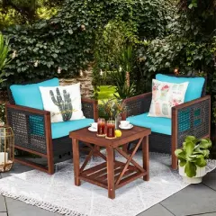 Costway 3PCS Patio Wicker Furniture Set Solid Wood Frame Cushion Sofa w/ Square Table Shelf