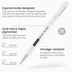 Arteza Gel Pen Set, White, 0.6mm, 0.8mm, and 1.00 mm Nibs - Doodle, Draw, Journal -12 Pack