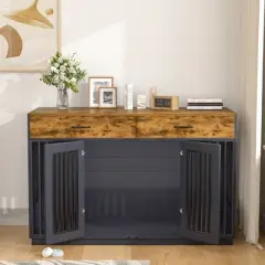 VECELO 55.1" Dog Crate, Wooden Decorative Dog Kennel Indoor With 2 Drawers for Medium/Large Dogs, Brown