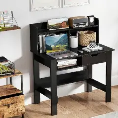 Costway Computer Desk with Power Outlets and USB Ports & Type-C Hutch Open Shelf Drawer Black/White
