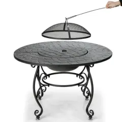 WELLFOR 35.5" Wood Burning Dining Table Outdoor Fire Table With Cover & Cook Grate W-70941 Black