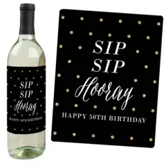 Big Dot of Happiness Chic 50th Birthday - Pink, Black and Gold - Birthday Gift For Women - Wine Bottle Label Stickers - Set of 4