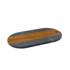 Slickblue 13&rdquo; x 7&rdquo; Oval Marble & Acacia Wood Board - White/Black, Ideal for Charcuterie & Culinary Displays
