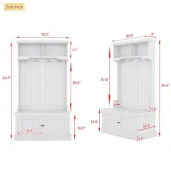 GustoWave 64.4''H Hall Tree Entryway Organizer with Storage Shoe Bench, Multi-Functional Coat Racks with 4 Hooks for Living Room, White