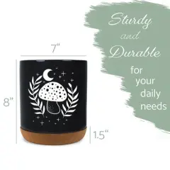Elanze Designs 8 inch Moon Mushroom Leaf and Stars Large Ceramic Kitchen Utensil Holder Black and White Crock with Cork Base