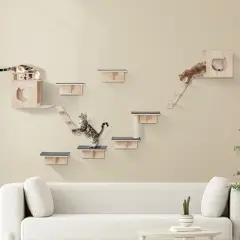 VEVOR Wall Mounted Cat Shelves, Cat Wall Shelves and Perches with Jumping Boards, Cat Beds, Hammocks & Cat Tree, Cat Furniture, Brown