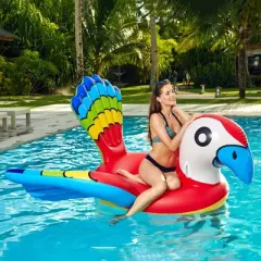 Northlight 87" Red and Blue Jumbo Parrot Ride-On Inflatable Swimming Pool Float