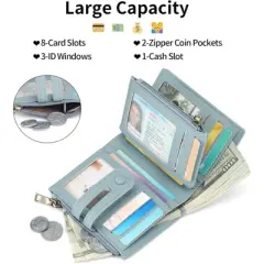 FATMOON Women&rsquo;s Wallet-Compact RFID Blocking Bifold Wallet for Women - Zipper Pocket, 14 Card Slots, Slim Design for Everyday Carry, Travel,Blue