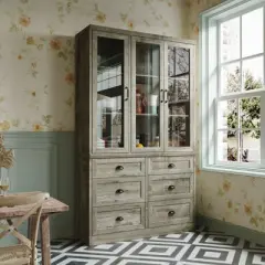 Famapy Vintage Kitchen Cabinet,Adjustable Shelves & Glass Doors,Multi-Drawer Large-Capacity Kitchen Storage Solution,Antique-Style Kitchen Pantry