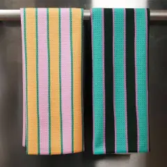 Geometry Tea Towel Set Noir: Modern Quick Dry Microfiber Kitchen Towels, Stripe Pattern, 2-Piece Set, Machine Washable